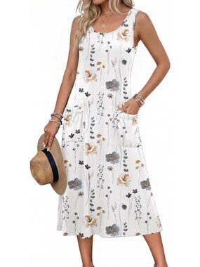 Women's White Floral Crewneck Midi Summer Sleeveless Dress Beach Casual Sundress